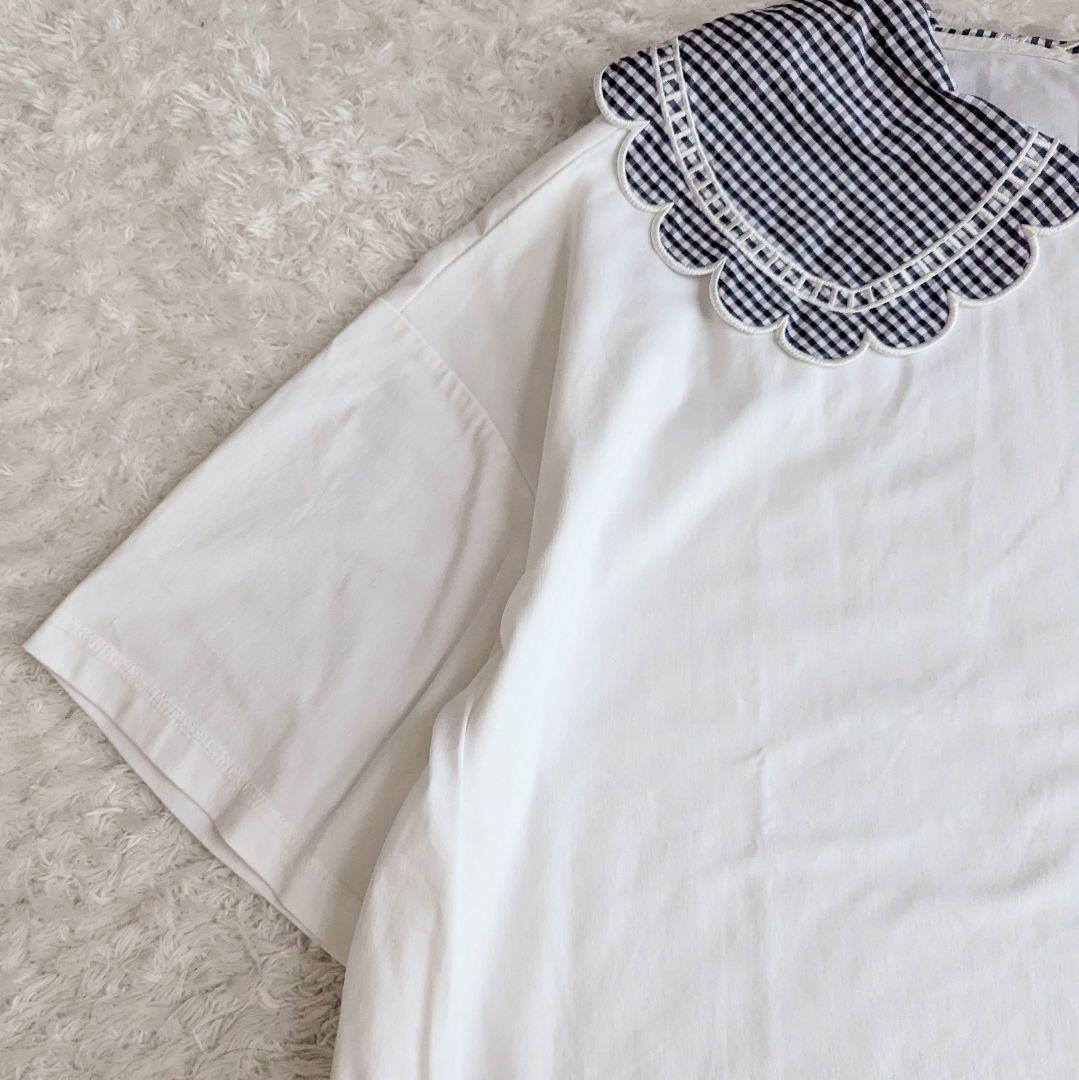 美品◎yori 23SS ギンガムスカラップカラー Tシャツ 洗える F 白 紺