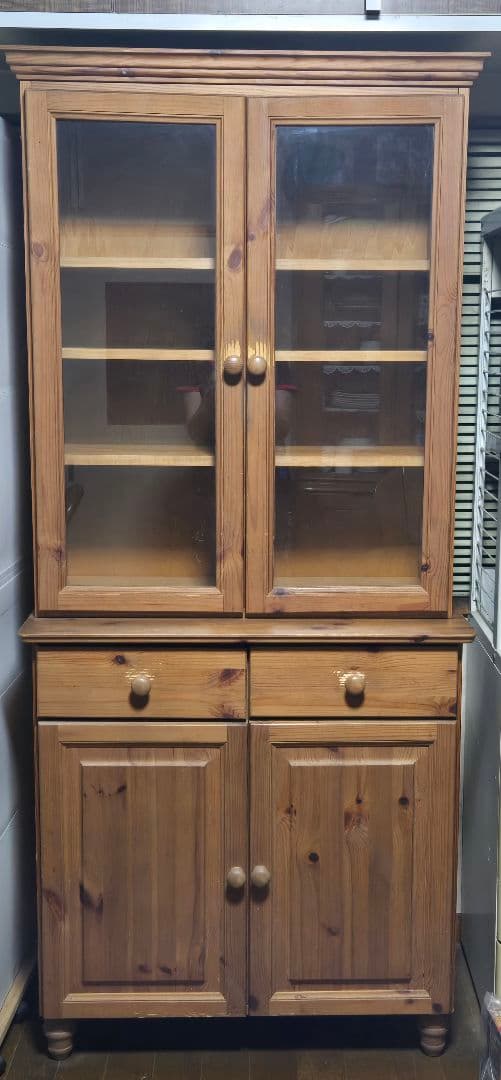 パイン材 食器棚 ガラス扉付き