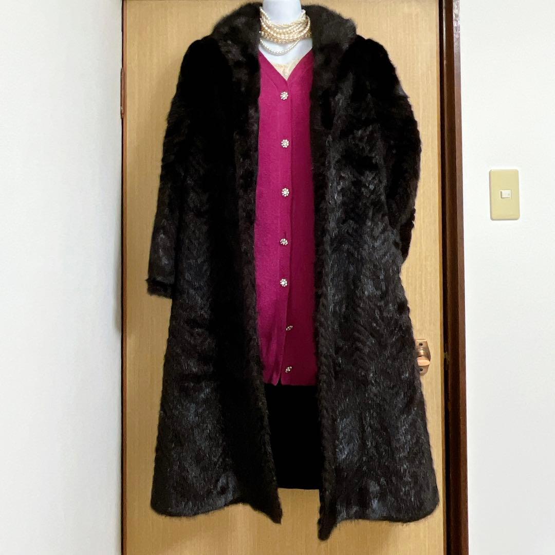 美品★ミンクファーヘリンボーンデザインロングコートマキシ丈 13号