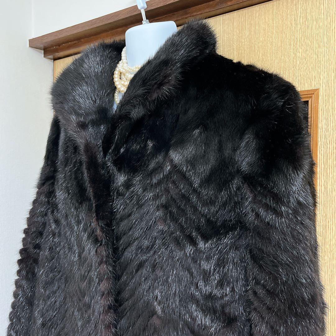 美品★ミンクファーヘリンボーンデザインロングコートマキシ丈 13号