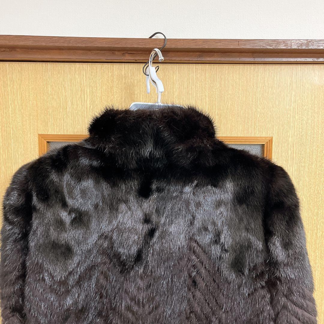 美品★ミンクファーヘリンボーンデザインロングコートマキシ丈 13号