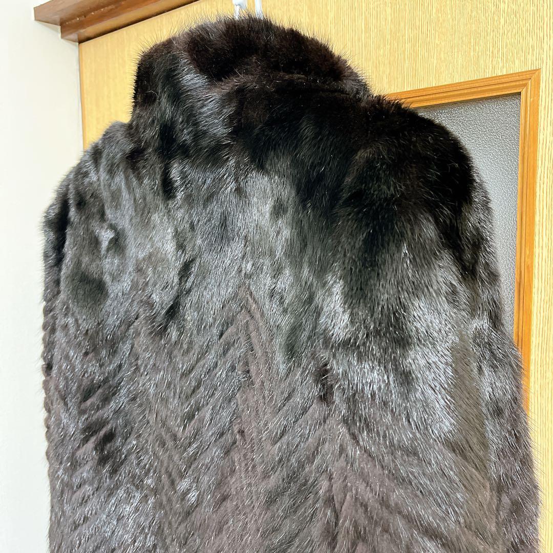 美品★ミンクファーヘリンボーンデザインロングコートマキシ丈 13号