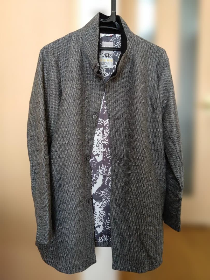 SOUSOU 尾州ツイード綾織 スタンドカラーショートコート鈍色 フクロウ柄