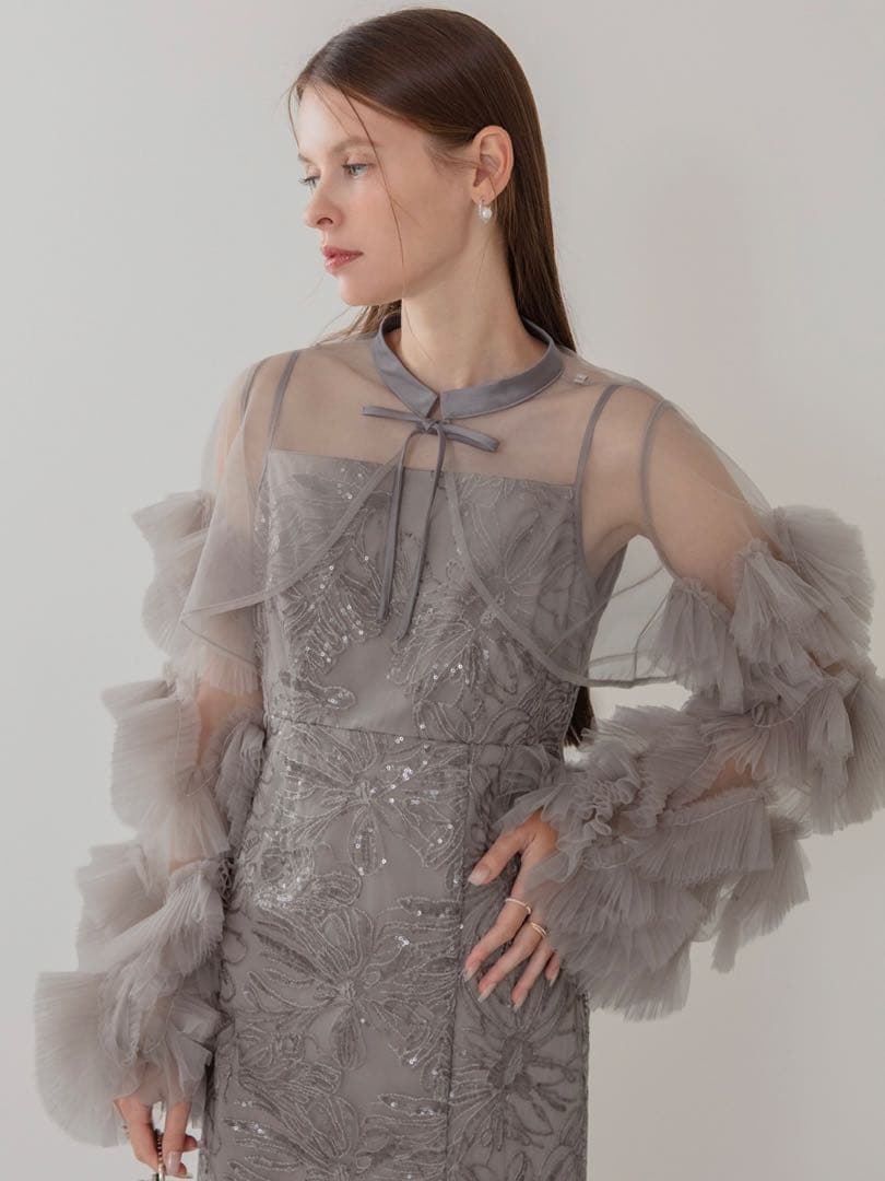 フリルチュールスリーブリボンIラインワンピースドレス結婚式二次会成人式パーティー