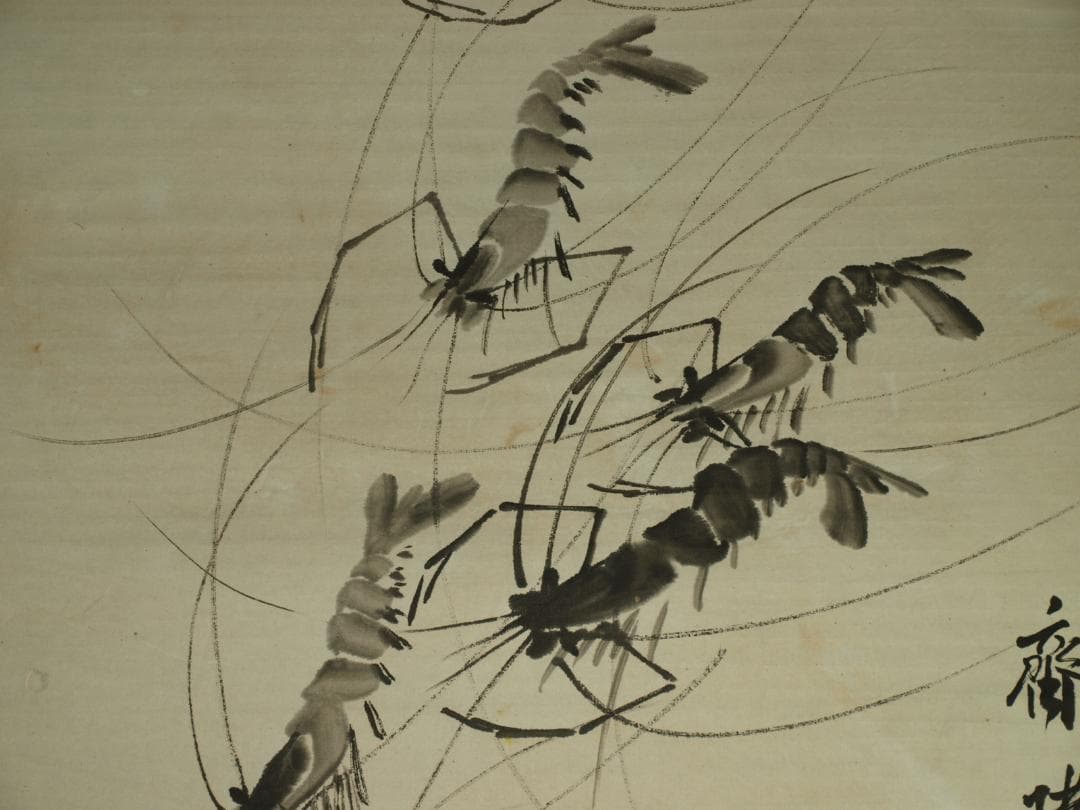 骨董市仕入れ品　中国近時代 白石作 虾図 掛軸　肉筆保証 BD620C11-4