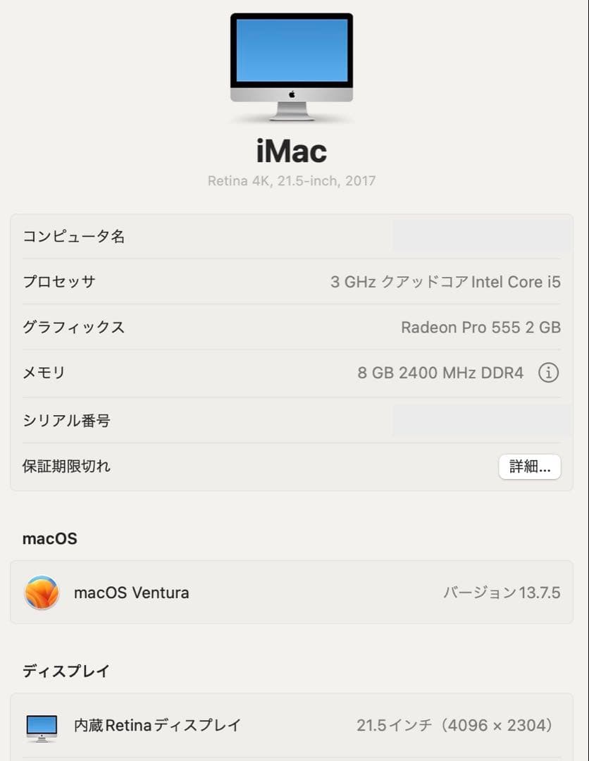 iMac 21.5インチ 4Kディスプレイ (2017) 本体