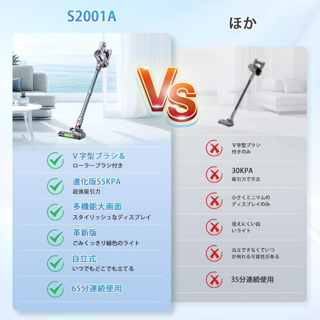 掃除機 コードレス【8月新登場！革新版グリーンLEDライト付＆55Kpa強力吸引