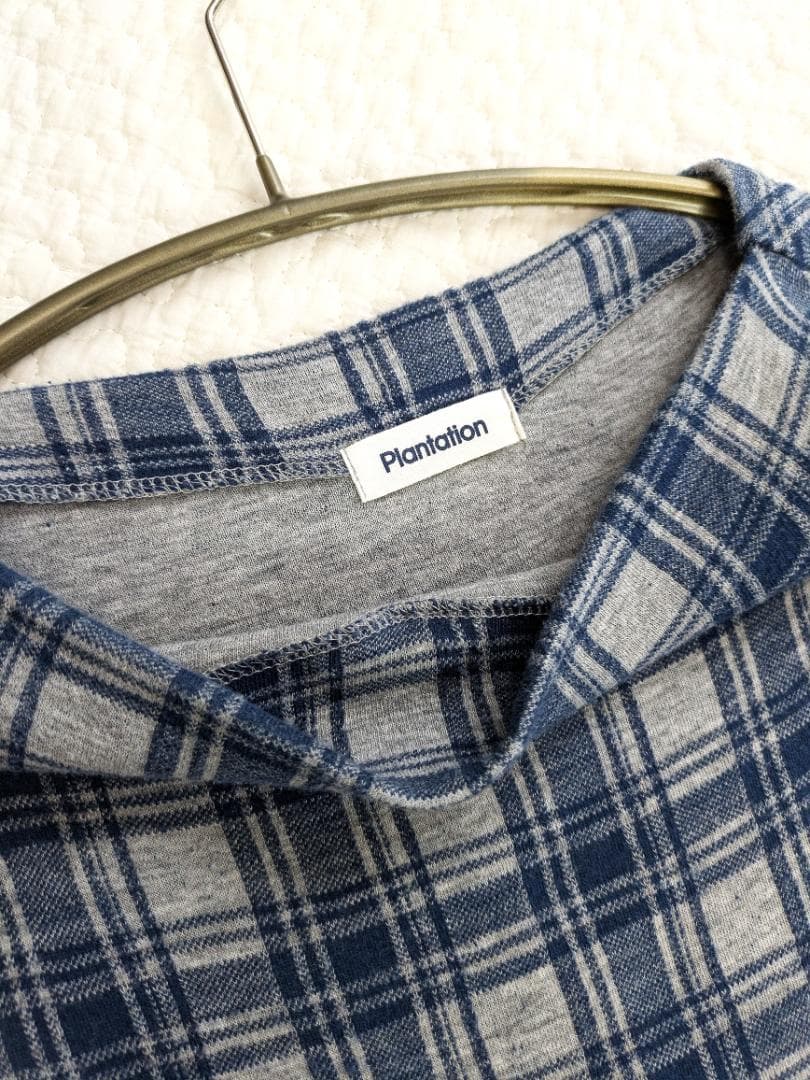 プランテーション☆ダブルスラブチェックジャージィOP☆杢グレイ×青☆手洗い可