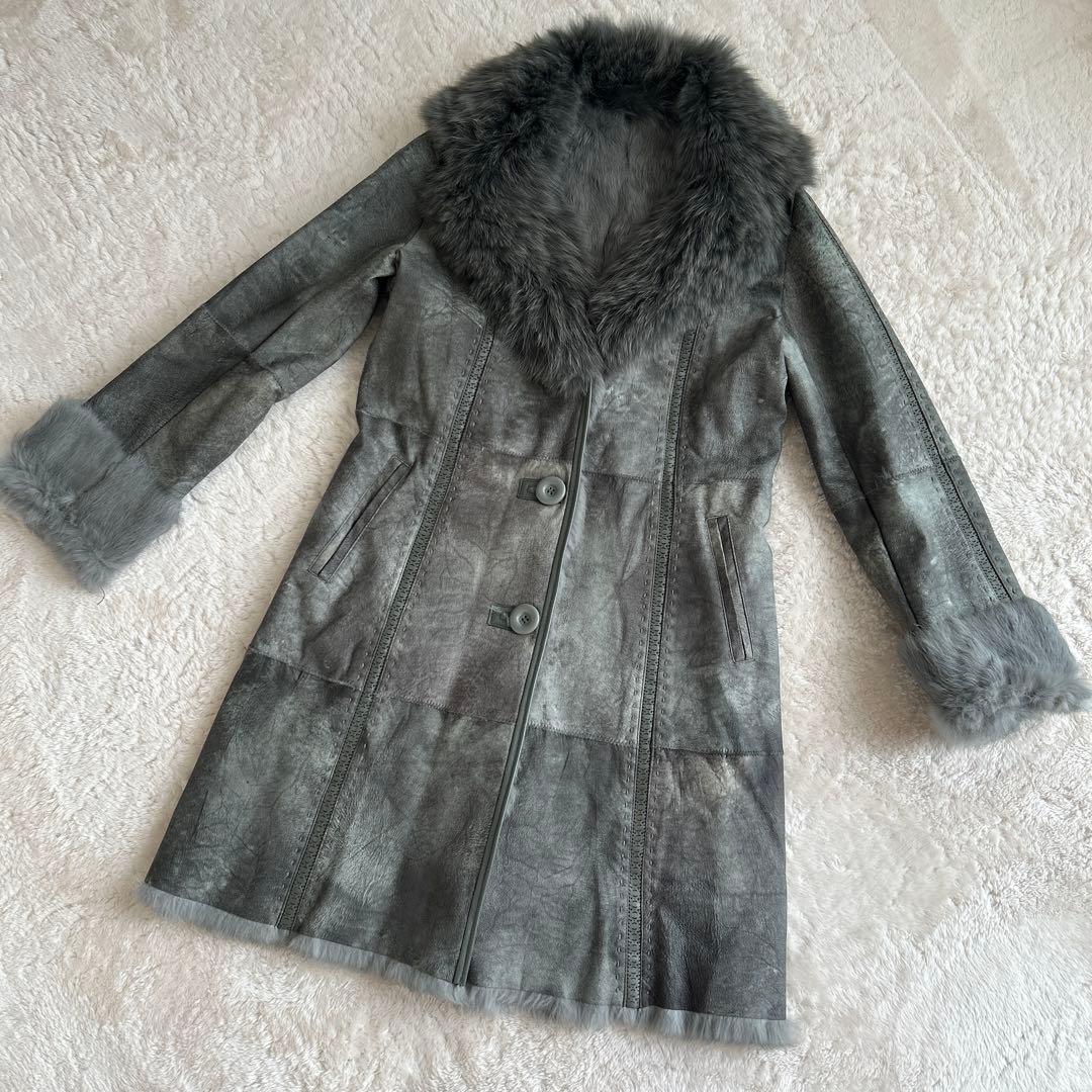 サンローズ　ラビットムートン×ブルーフォックスロングファーコート　毛皮L