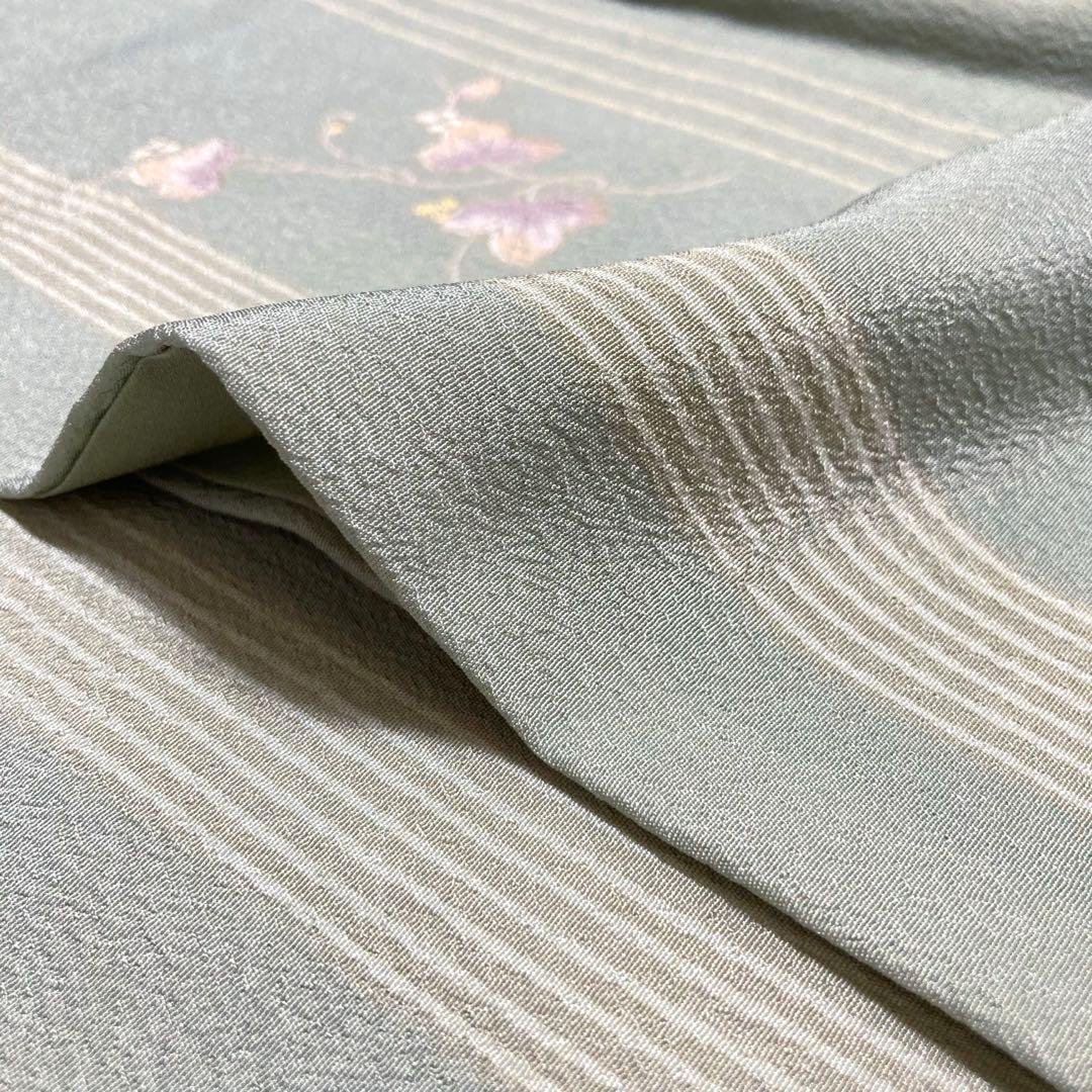 【美品✨】東レシルック　洗える着物　小紋　裏柳色　蔦と実　縦縞　手縫い仕立てP1