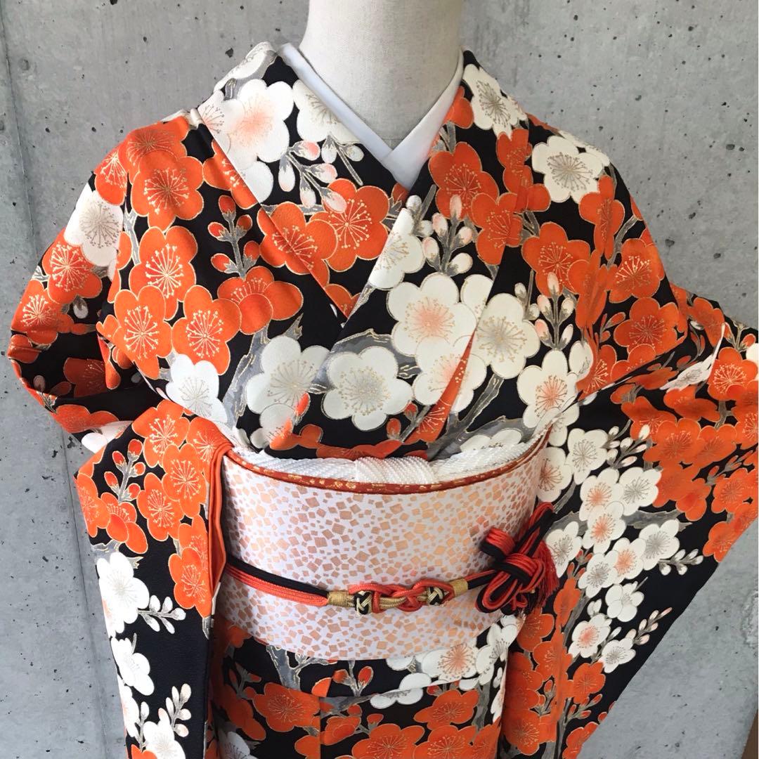 【二尺袖】正絹　アンティーク振袖　梅柄