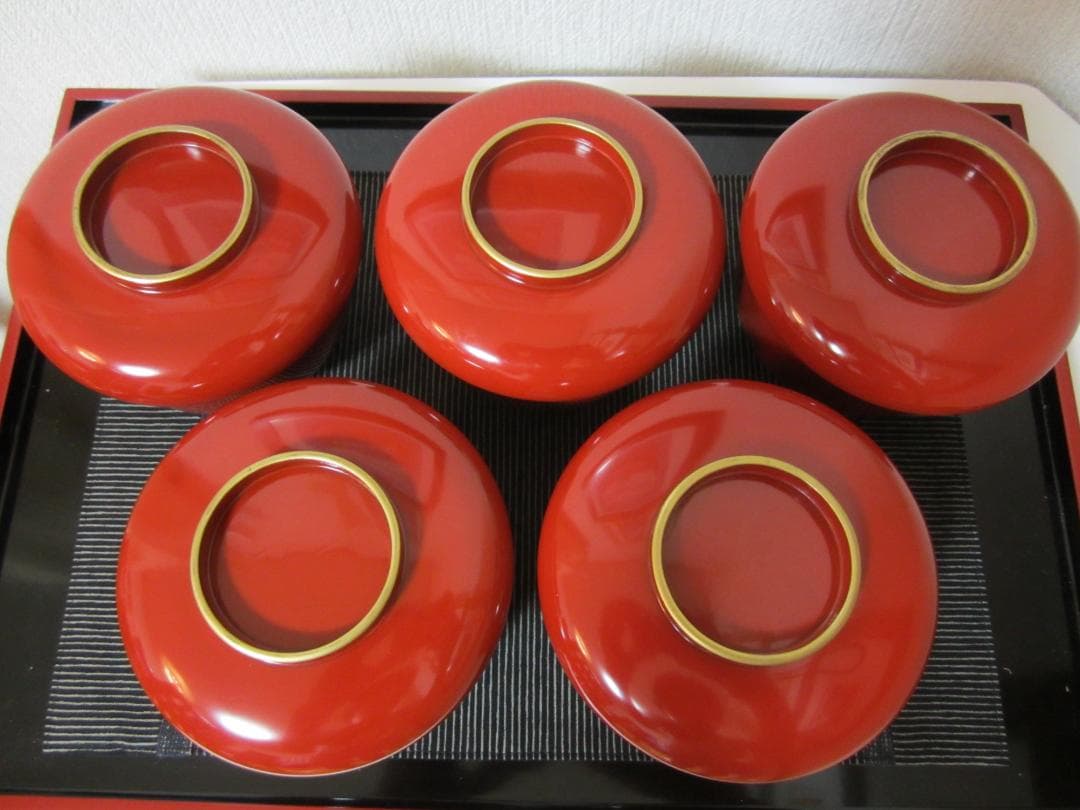 極美品◆伝統工芸 輪島塗◆大正期輪島塗◆朱漆 小椀 小蓋もの◆本金塗５客