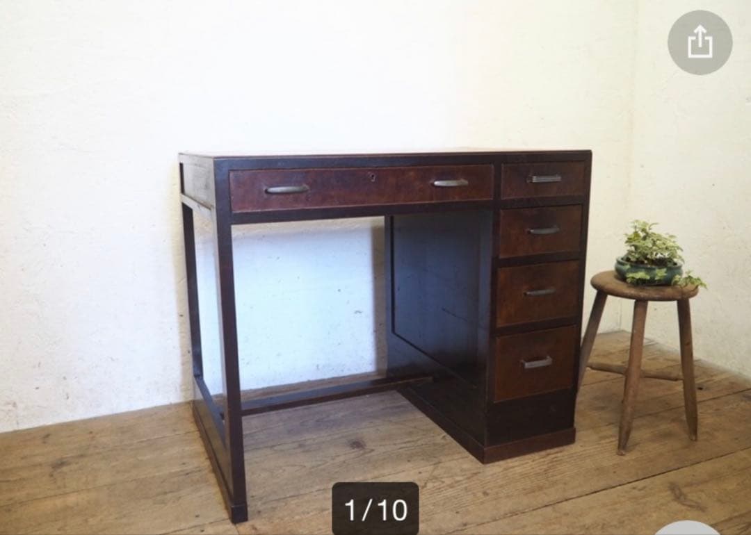 【値下げ】学習机／無垢天板のレトロな古い木製片袖机【W90cm×D60cm】