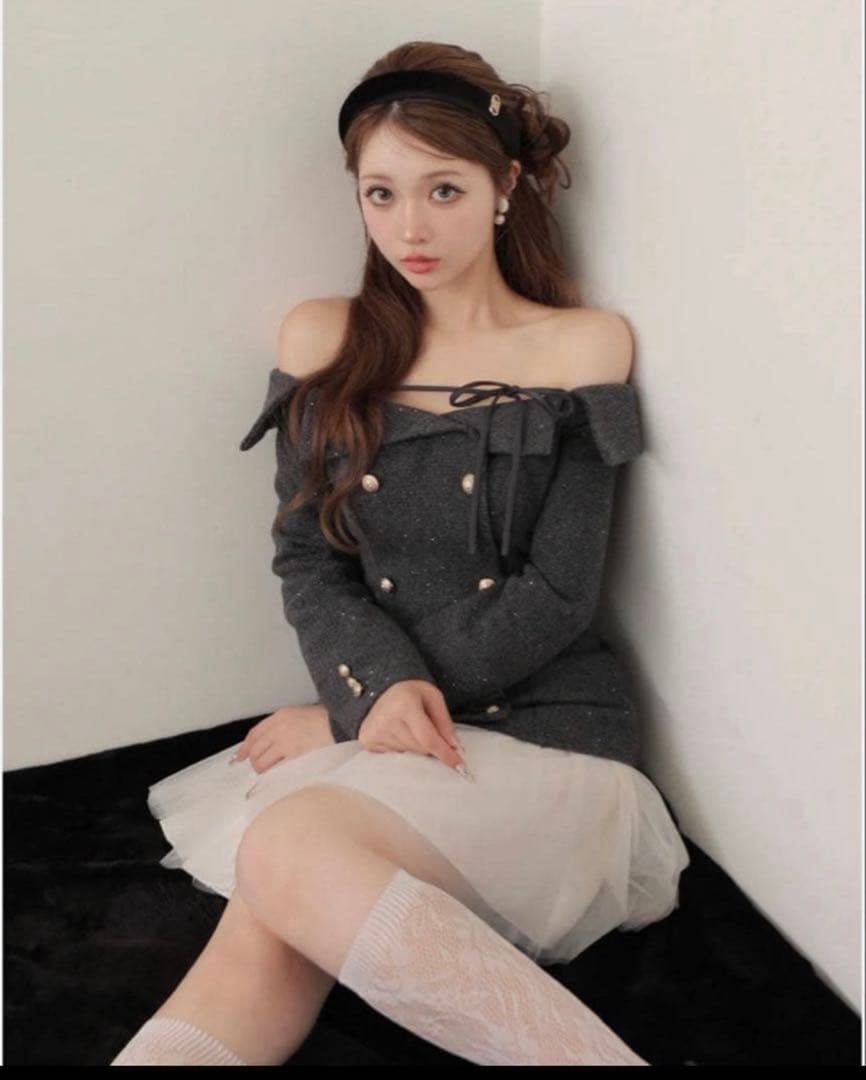 ワンピース Wool herringbone tulle onepiece Mmeeme