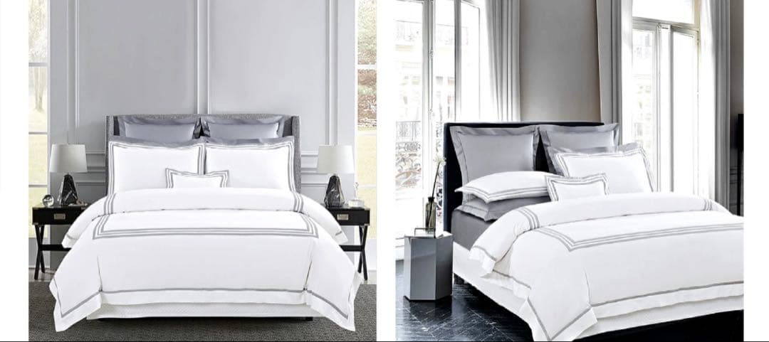 【ホテルライク】ダブル掛け布団カバー 白×グレーライン　刺繍ロゴ