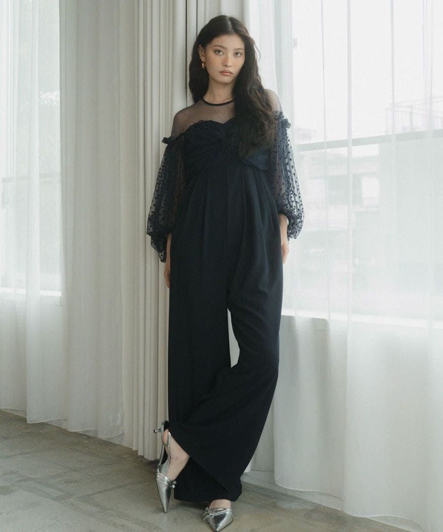 美品【ANDRESD】フロッキードットパンツドレス ネイビー L