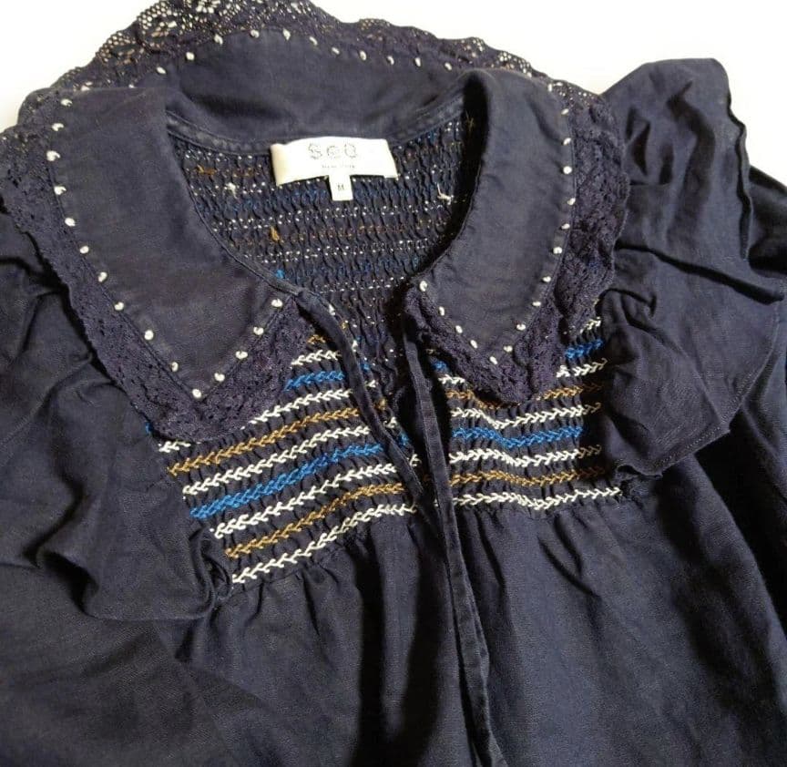 SEA NEW YORK スモッキング 刺繍 フリル レース ブラウス