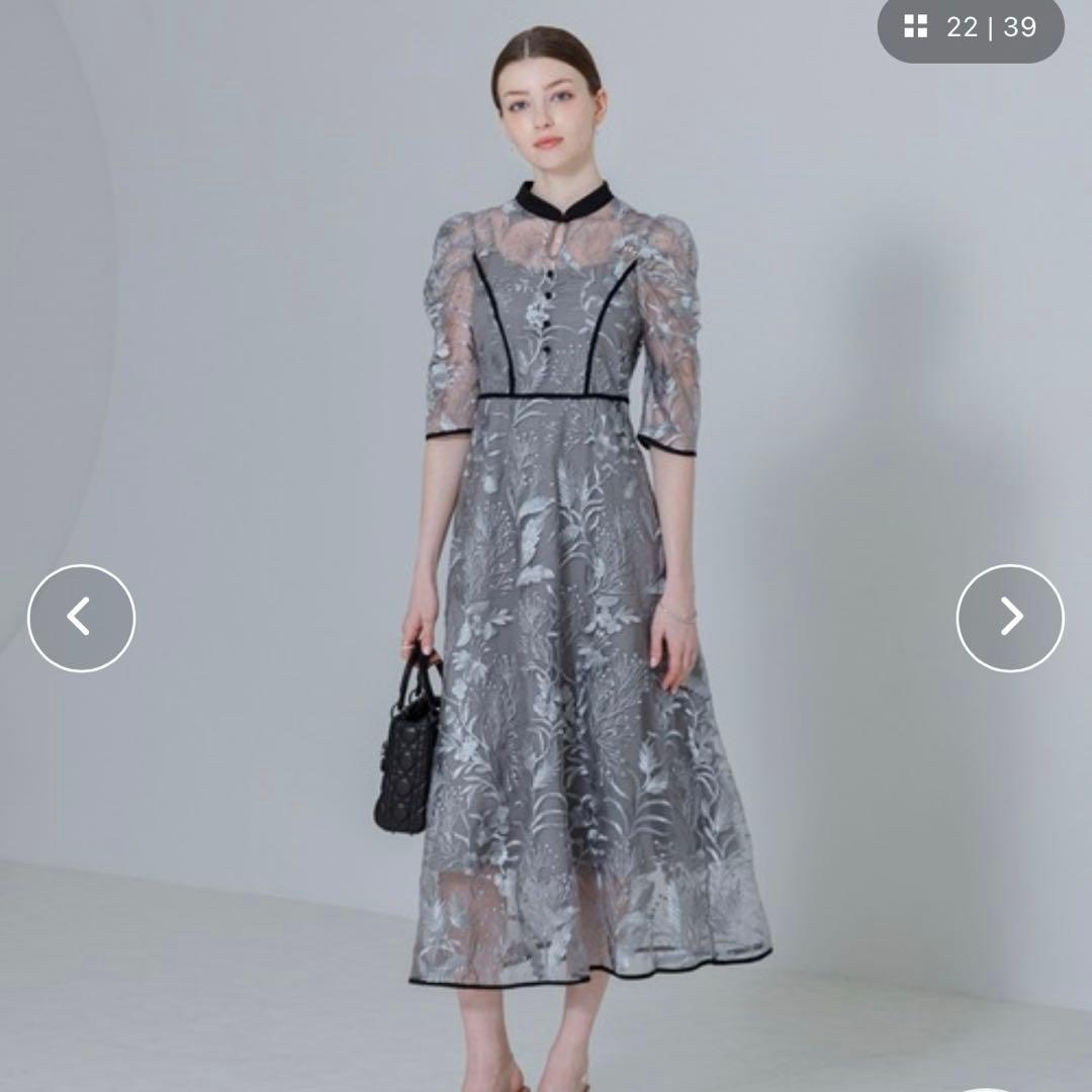 【ここあ】LEJA 花柄刺繍レースチュールパフスリーブワンピース