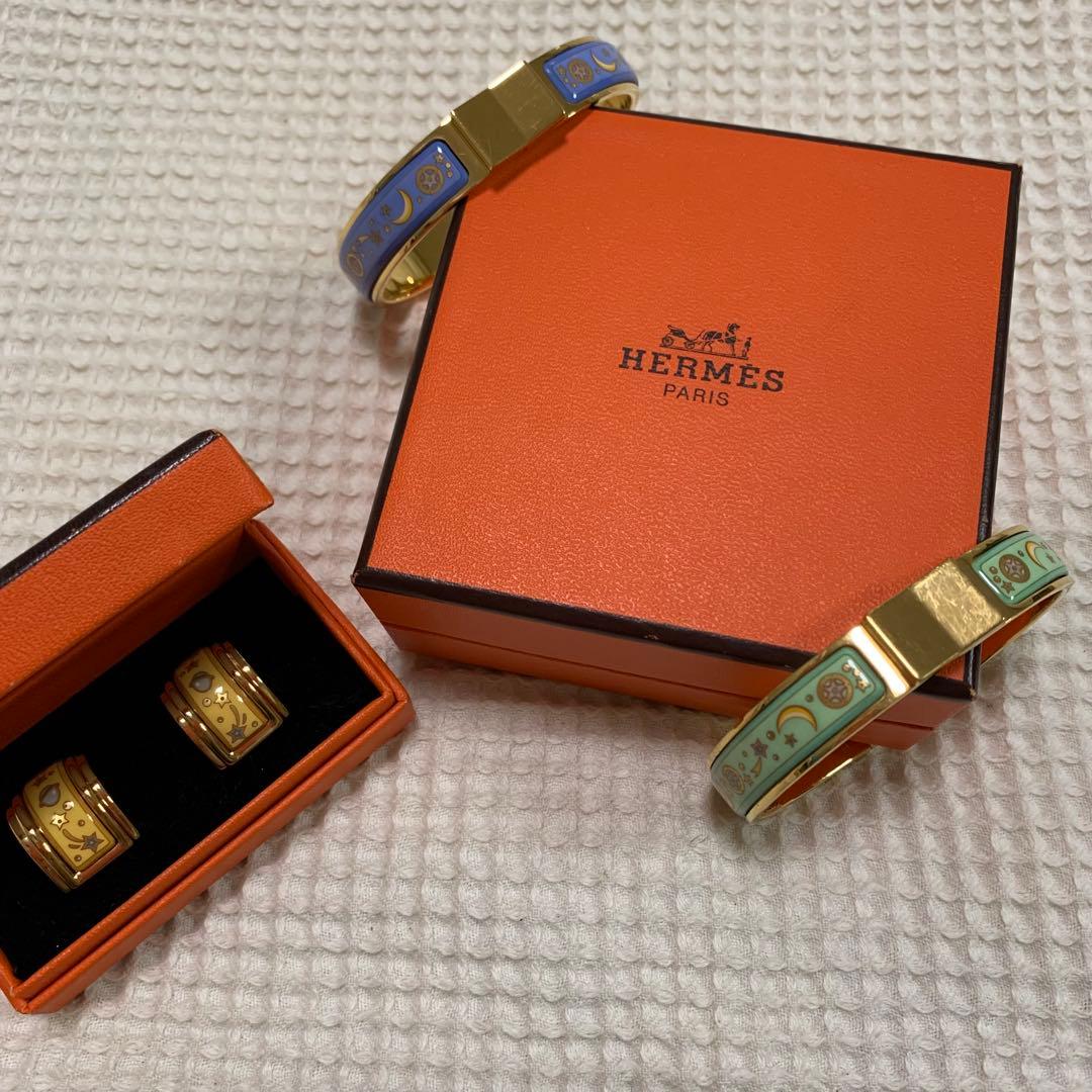限界価格　【極美品】　HERMES エマイユ　バングル　七宝焼　グリーン　月　星