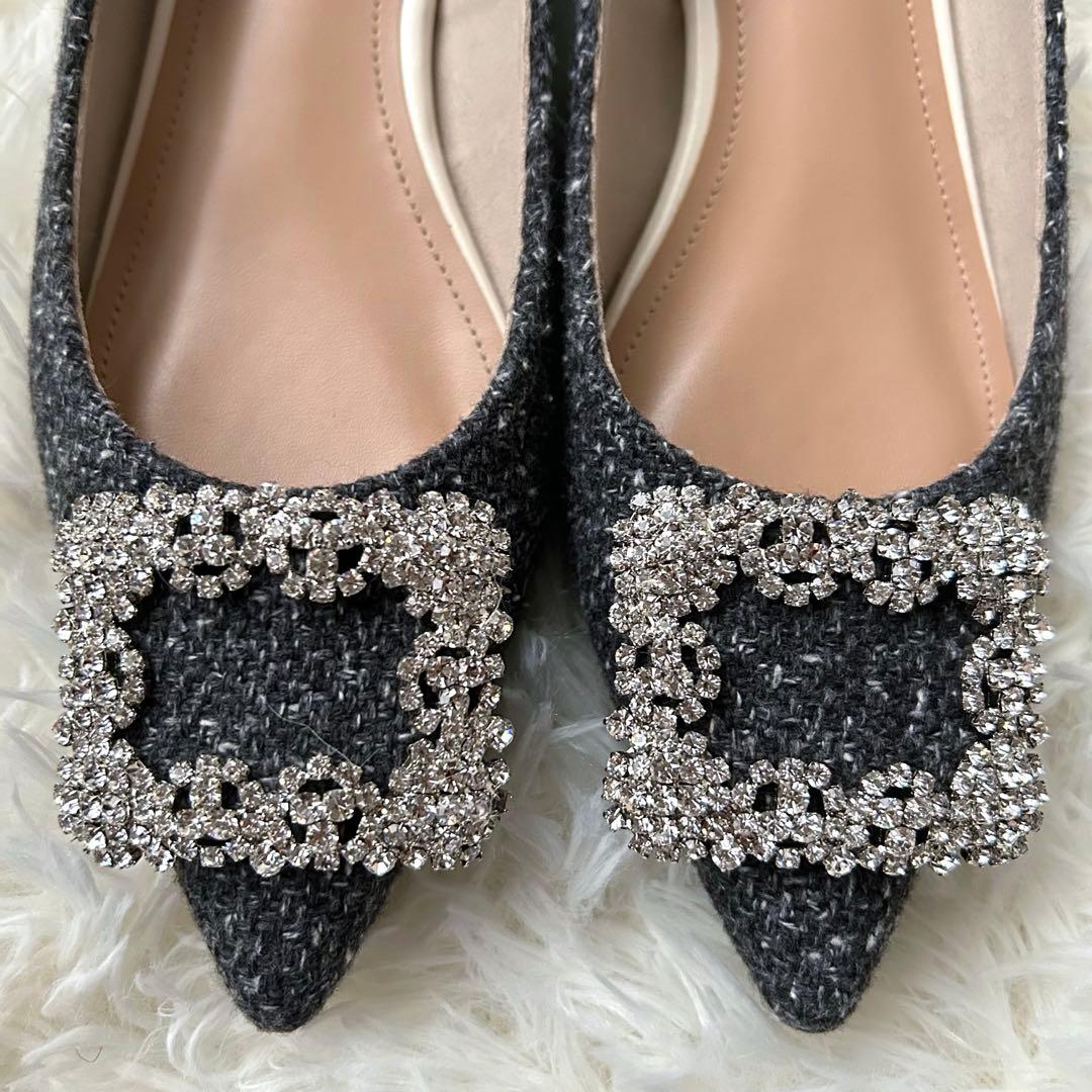 美品　OHGA ビジューパンプス　ツイード調　グレー　23cm ポインテッド