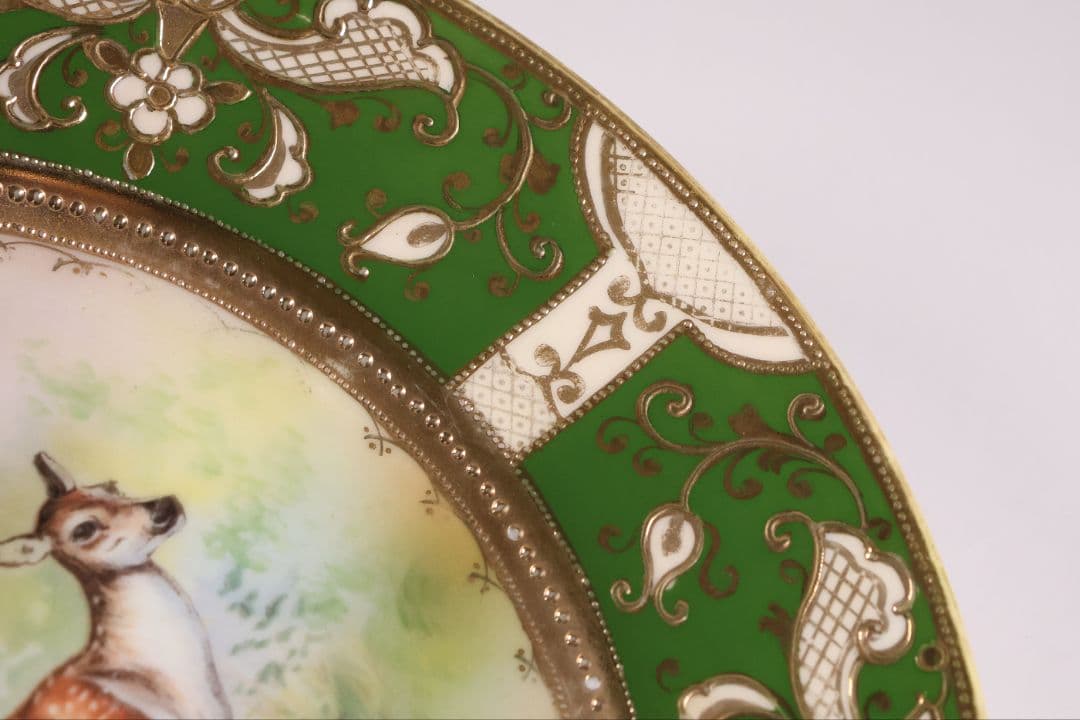 【CM298】オールドノリタケ 鹿 皿 プレート 金彩 盛上 緑 グリーン 明治