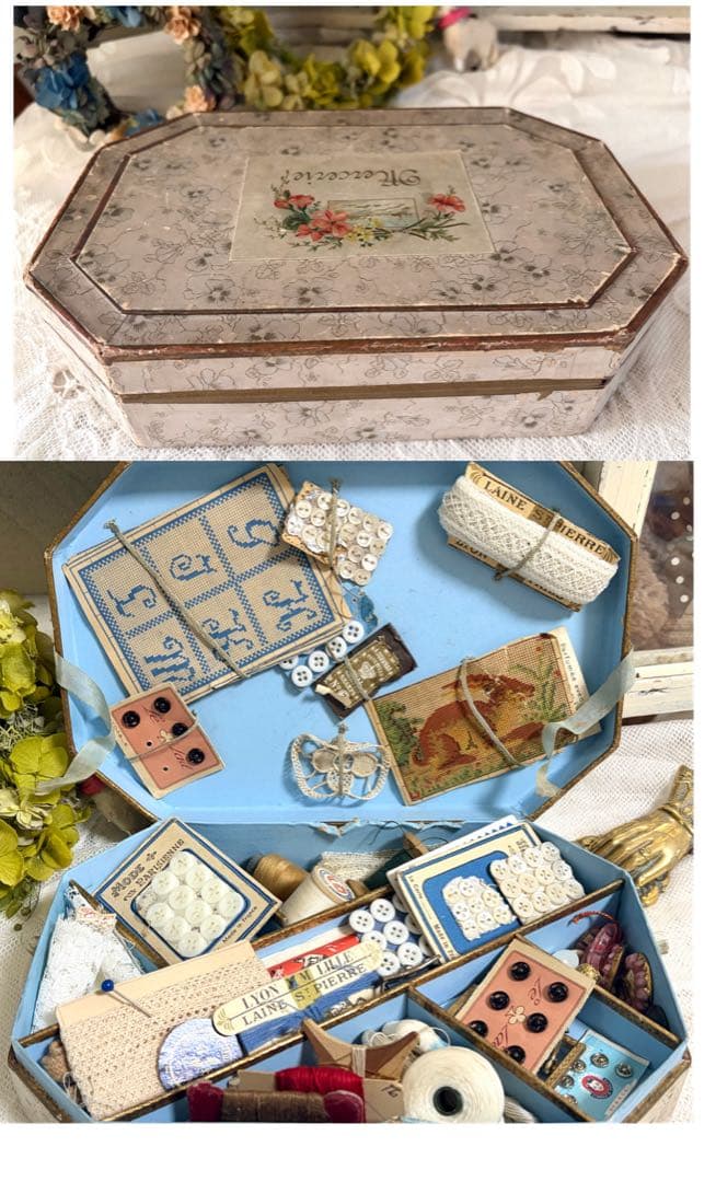 フランスアンティーク ソーイングセット 紙箱 レース 糸巻き レース ボタン