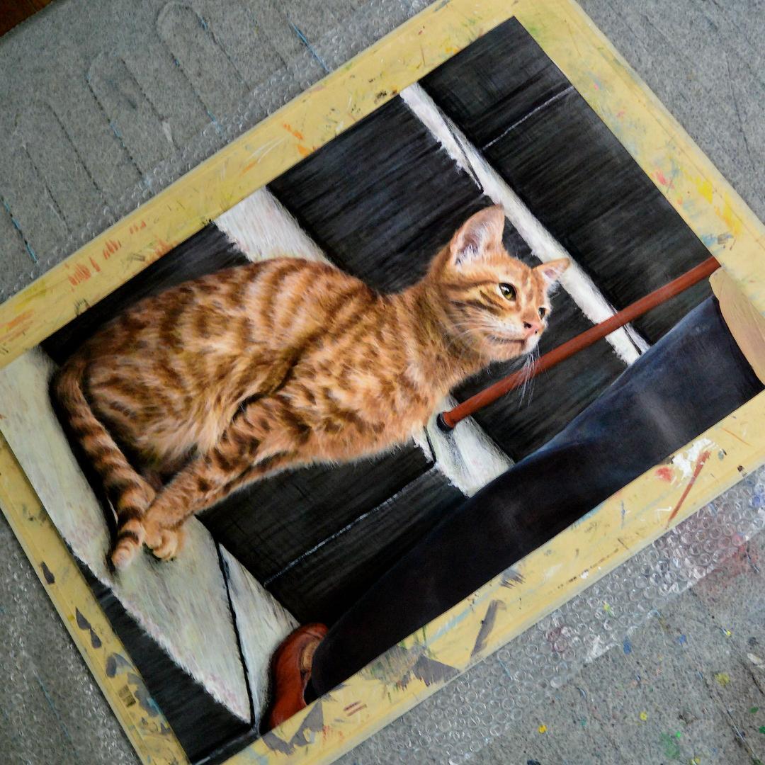 アクリル画　石段で見守る猫　Ａ２