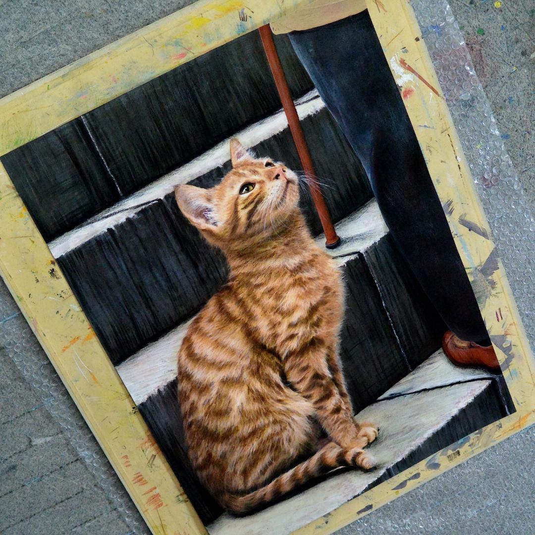 アクリル画　石段で見守る猫　Ａ２