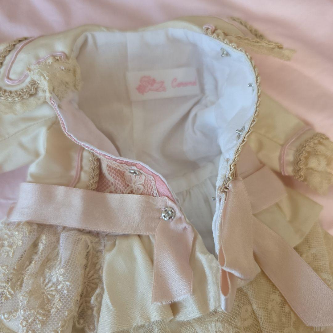 作家様　アンティークビスクドール　ドレス　シルク　ボネ付き　キャビネットサイズ