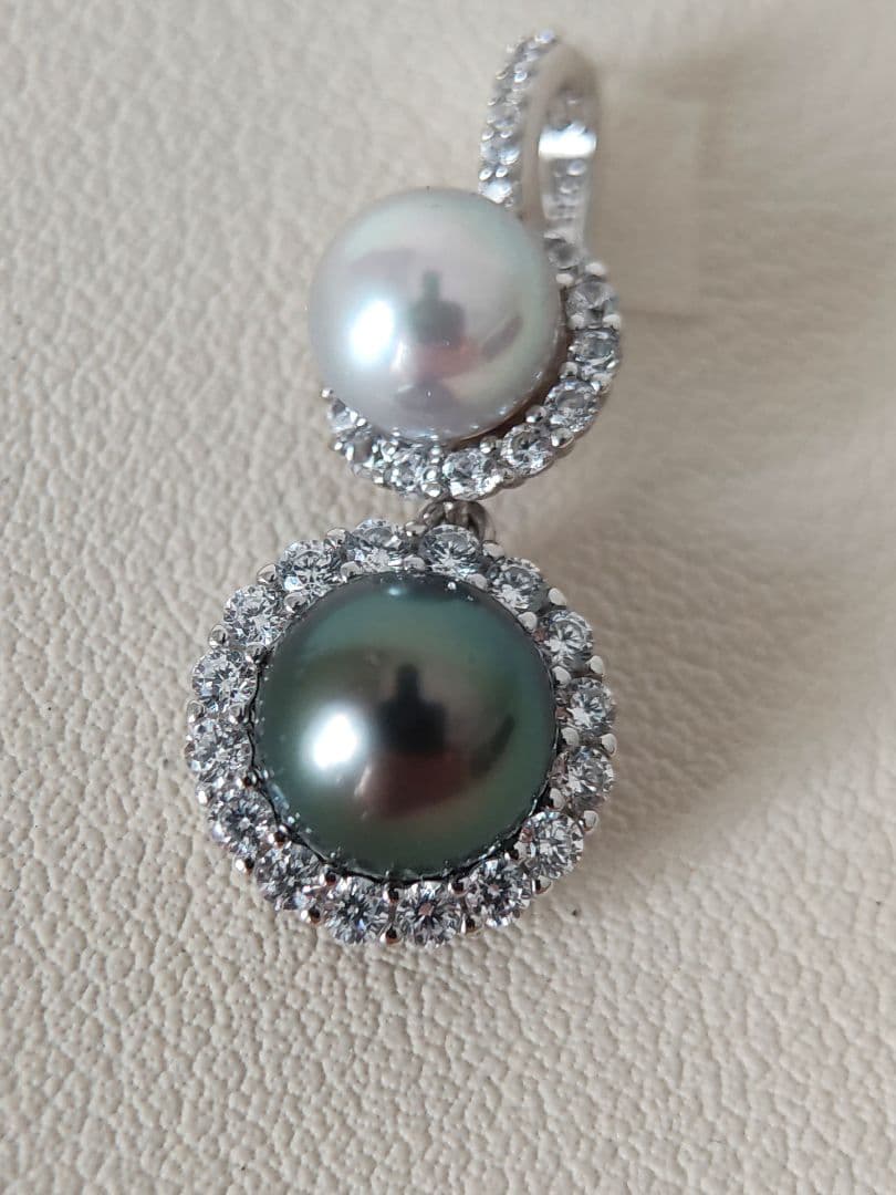 本真珠　南洋黒蝶真珠　タヒチパールダークグリーン　S925ダブルパールペンダント