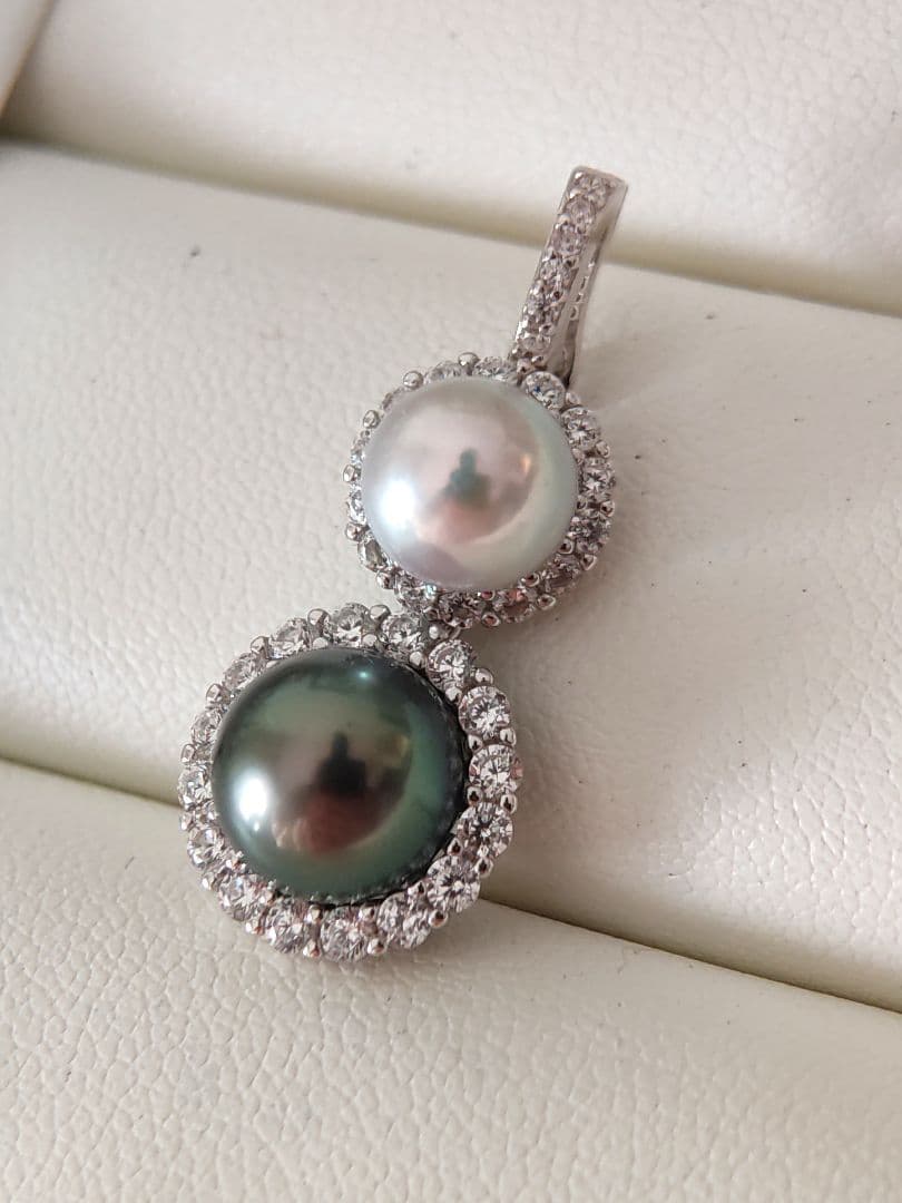 本真珠　南洋黒蝶真珠　タヒチパールダークグリーン　S925ダブルパールペンダント