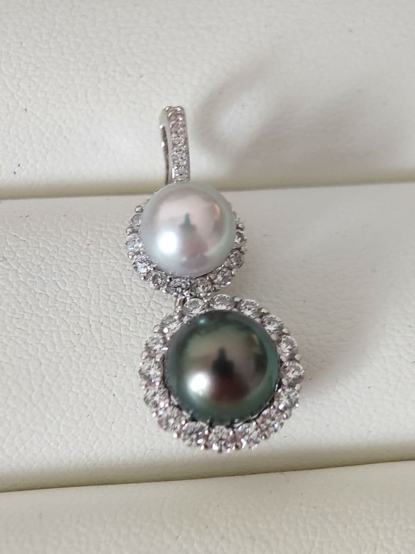 本真珠　南洋黒蝶真珠　タヒチパールダークグリーン　S925ダブルパールペンダント