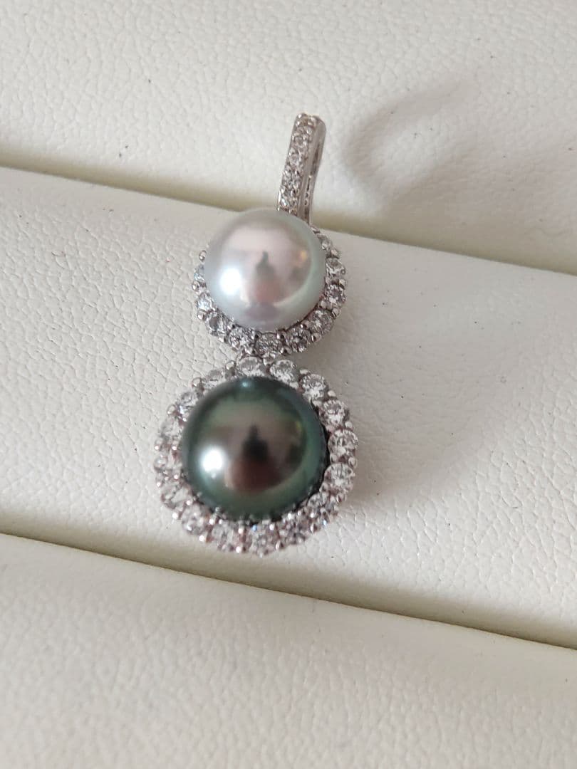 本真珠　南洋黒蝶真珠　タヒチパールダークグリーン　S925ダブルパールペンダント