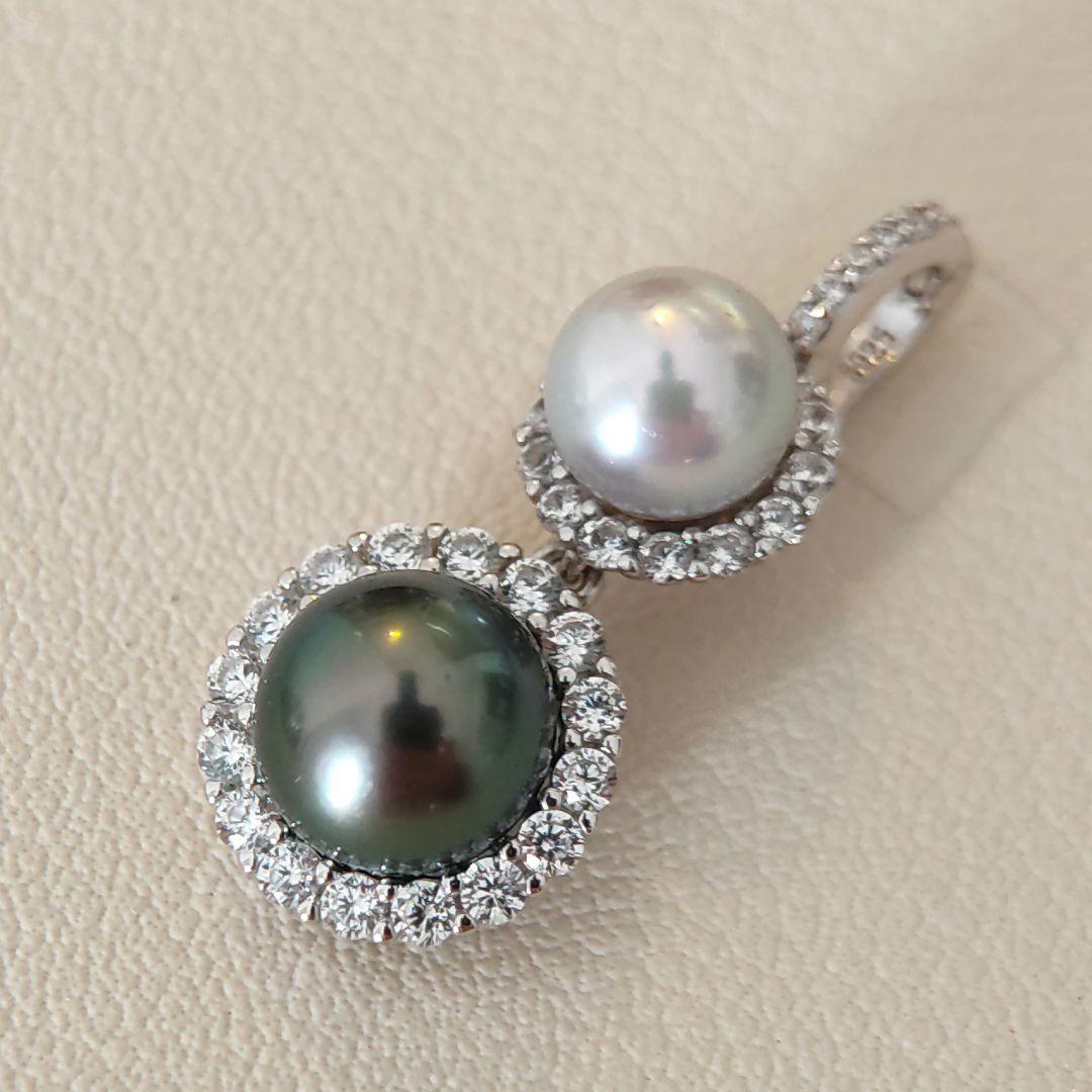 本真珠　南洋黒蝶真珠　タヒチパールダークグリーン　S925ダブルパールペンダント