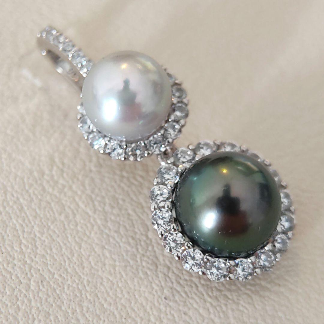 本真珠　南洋黒蝶真珠　タヒチパールダークグリーン　S925ダブルパールペンダント
