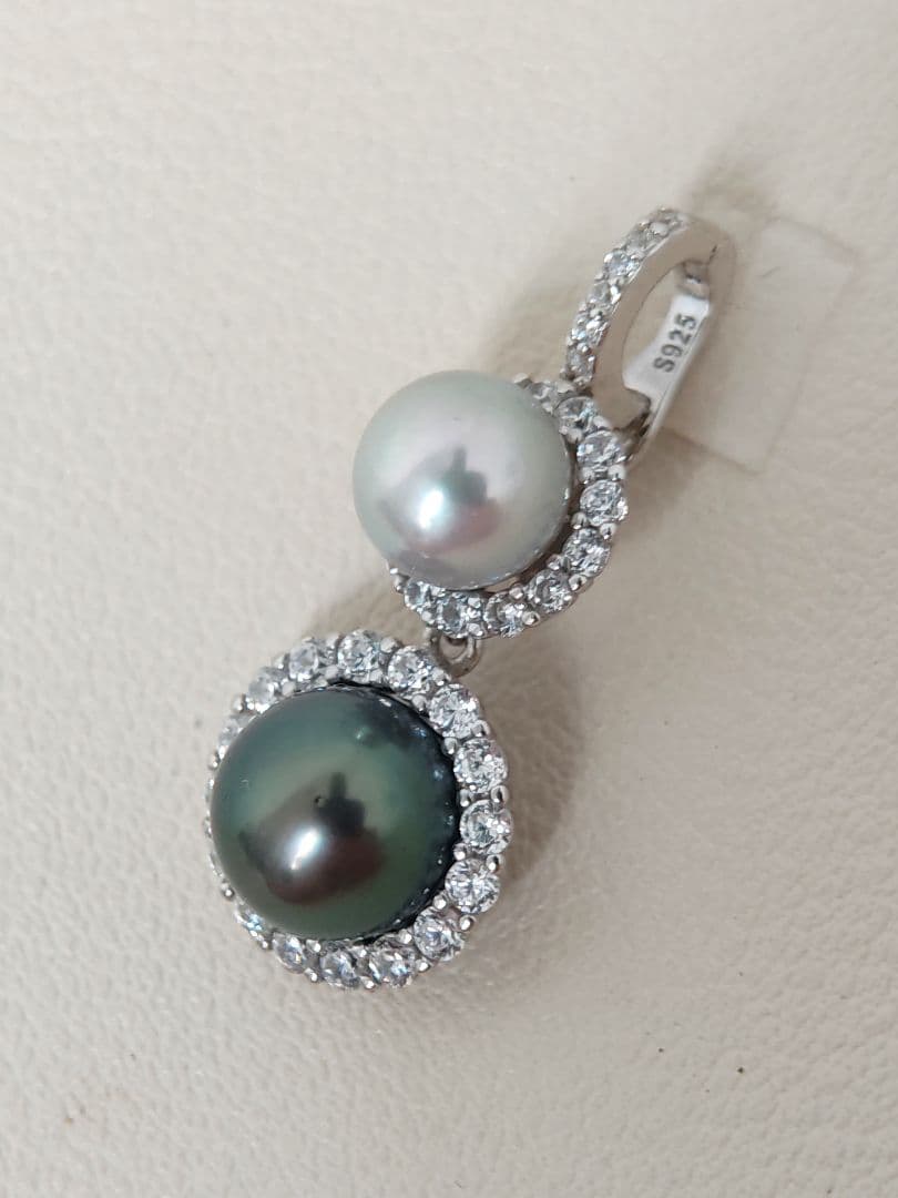 本真珠　南洋黒蝶真珠　タヒチパールダークグリーン　S925ダブルパールペンダント