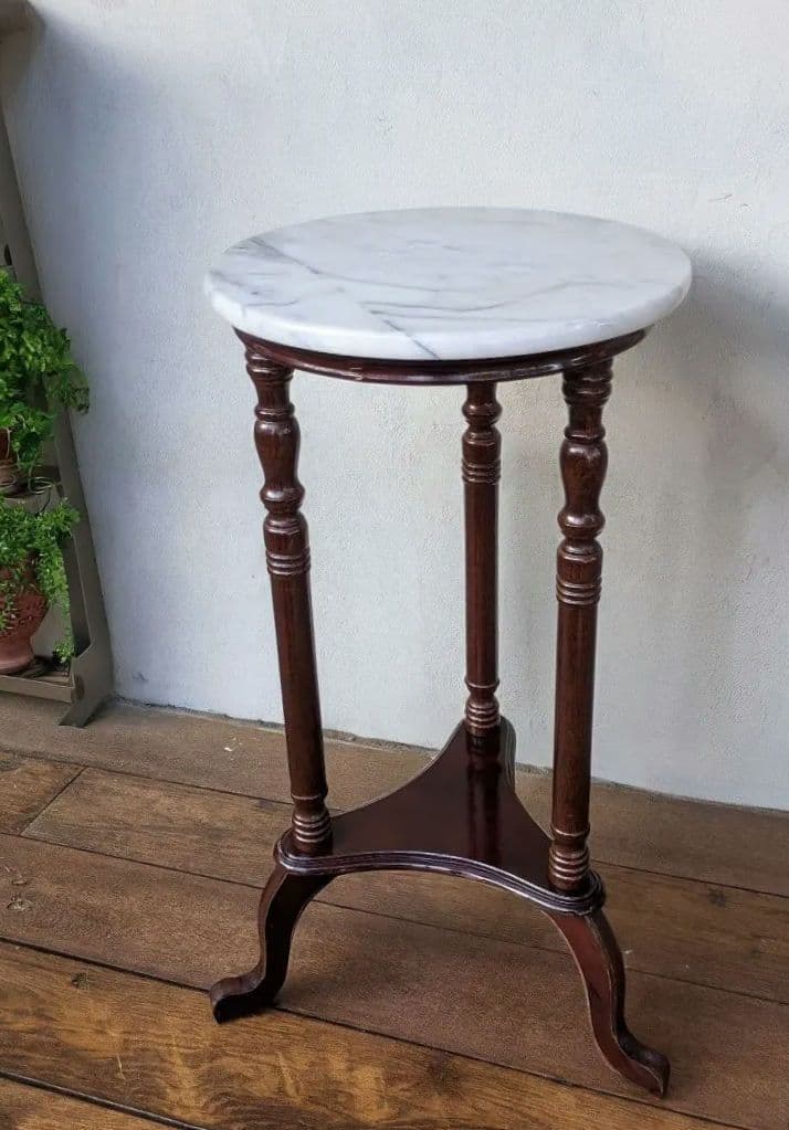 ヴィンテージ　木製大理石サイドテーブル　花台　アンティーク家具　昭和レトロ