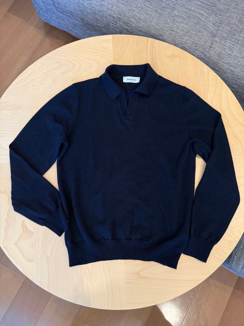 ＜Gran Sasso＞ 12ゲージ メリノウール スキッパーニット 紺ネイビー