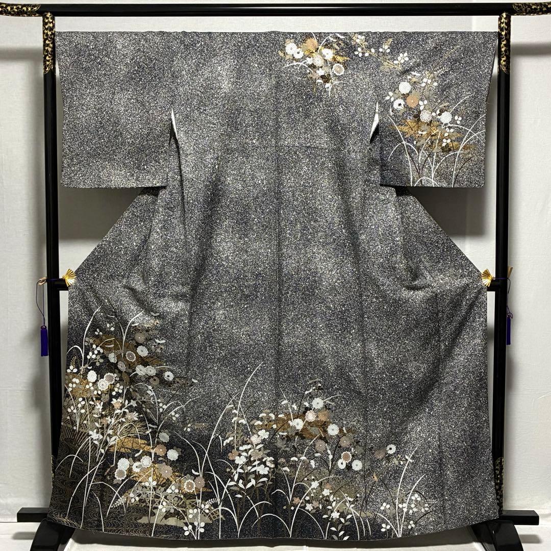 D144 訪問着　叩き染め　花模様　金彩　正絹　着物　袷　極美品