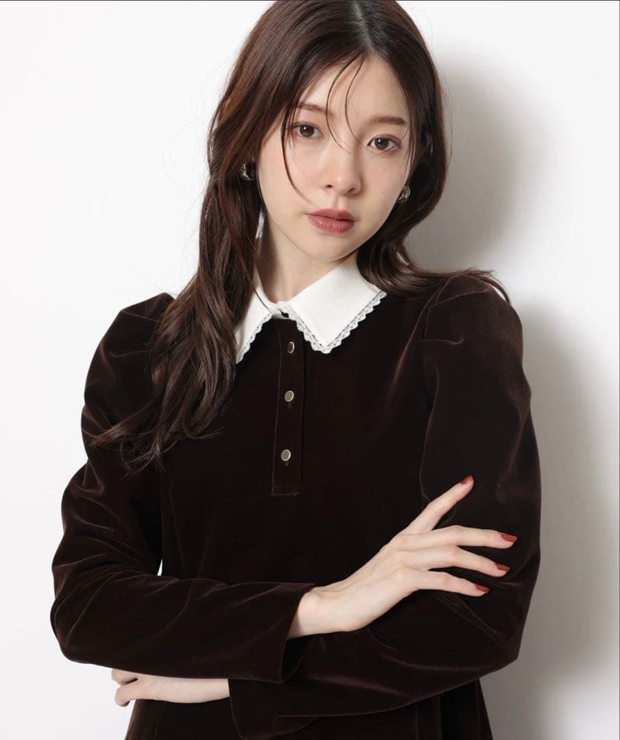 Rirandture リランドチュール ベルベットカラーミニワンピース ブラウン