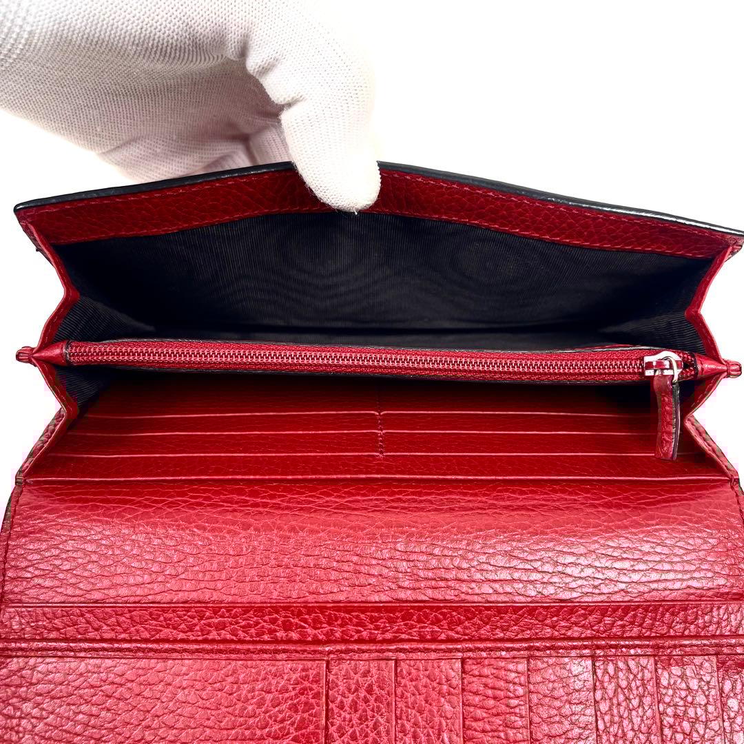 グッチ　長財布　インターロッキング　GGロゴ　フラップ　シボ革　レッド　未使用級