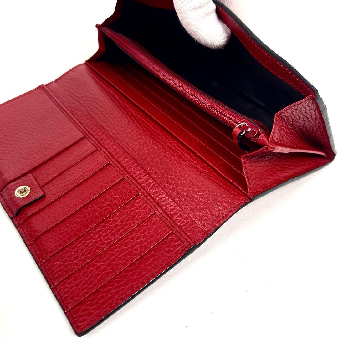 グッチ　長財布　インターロッキング　GGロゴ　フラップ　シボ革　レッド　未使用級