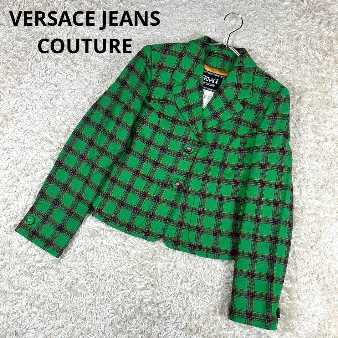 美品 ヴェルサーチ 短丈 メデューサボタン チェック柄 テーラードジャケット