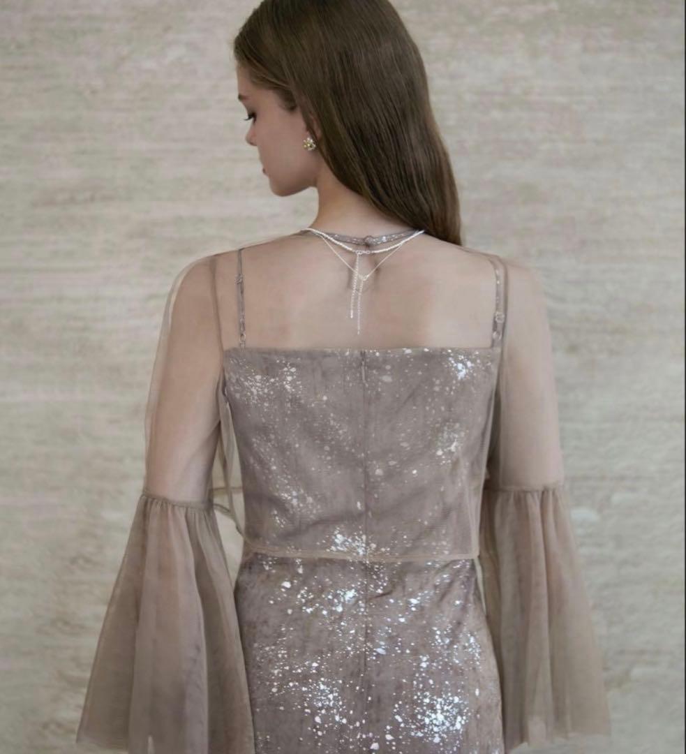 【タグ付き・Leja】シアーチュールベルスリーブペイントIラインワンピースドレス