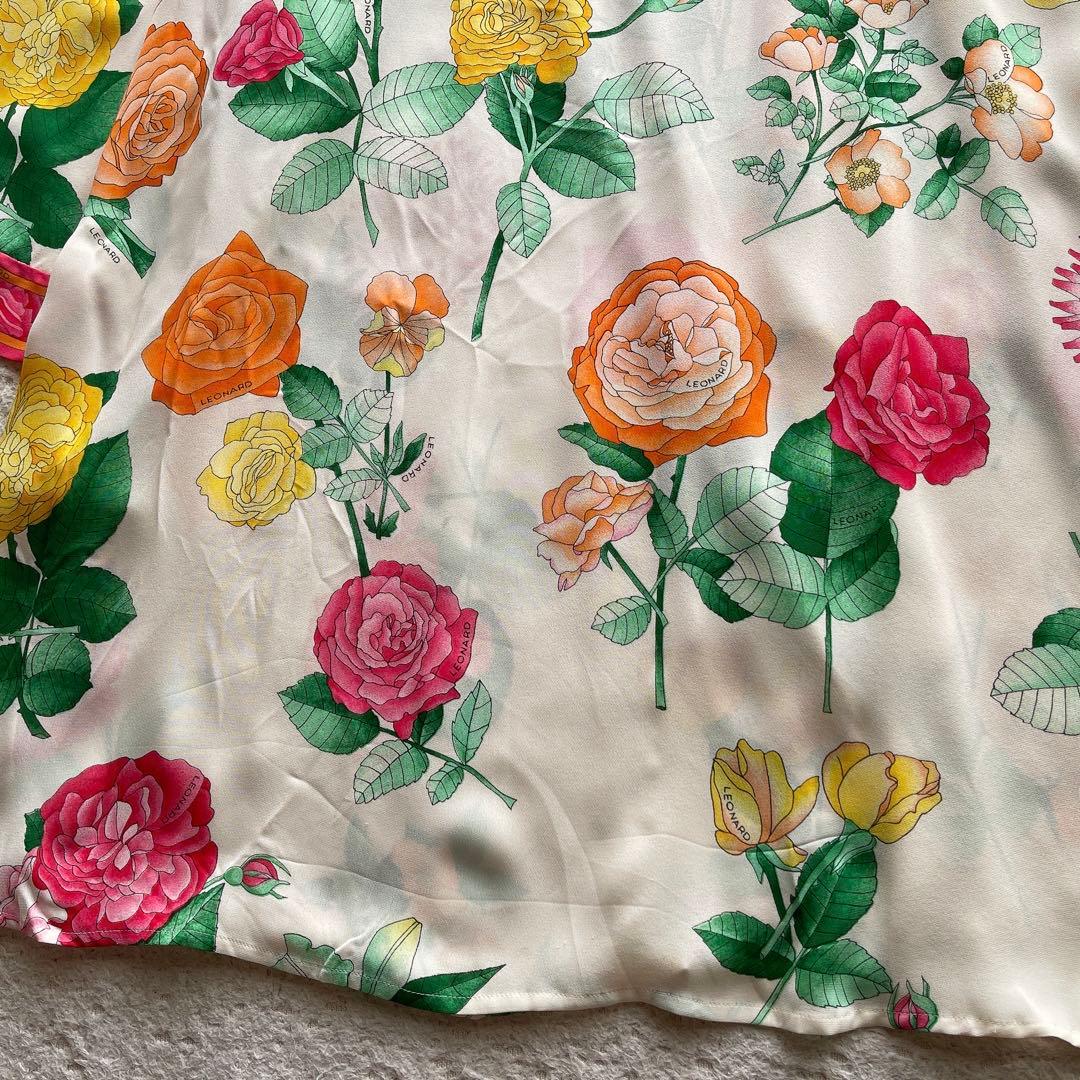 レオナール カーディガン はおり 総柄 花柄 トリム マルチカラー シルク M