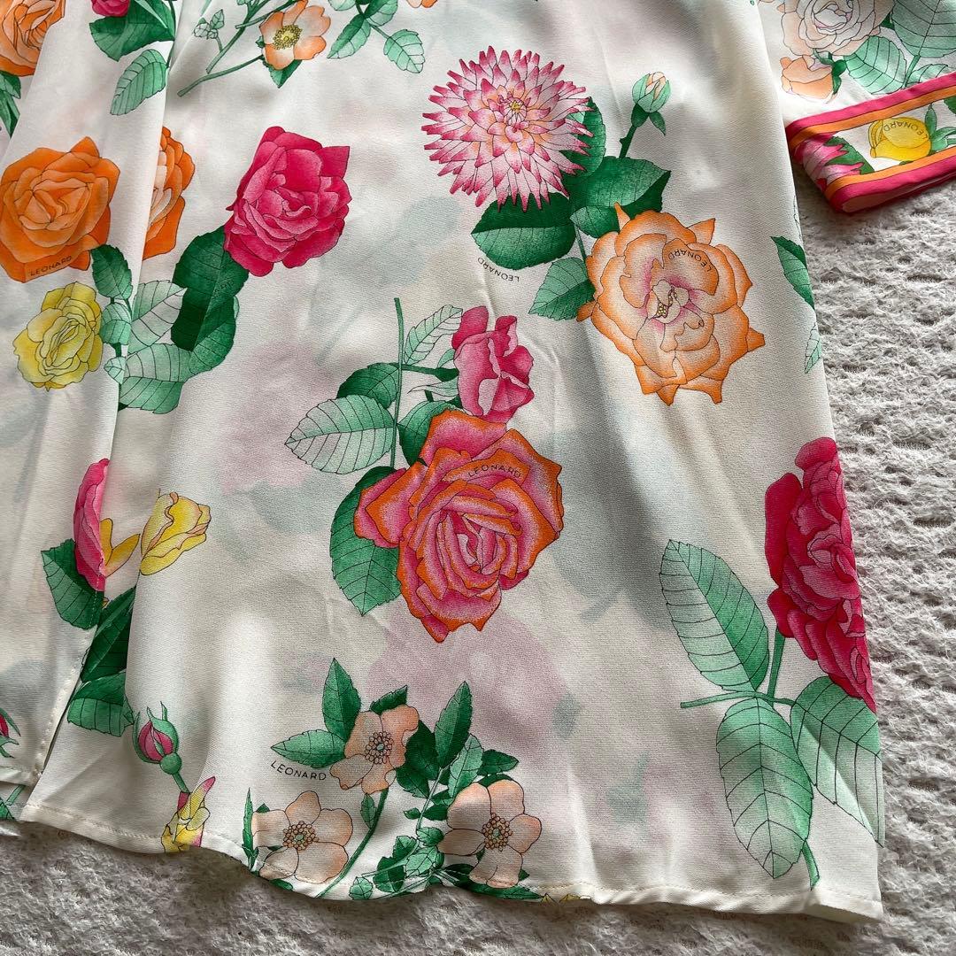 レオナール カーディガン はおり 総柄 花柄 トリム マルチカラー シルク M