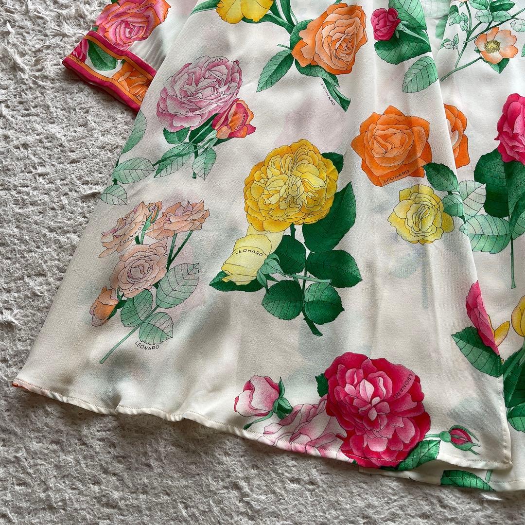 レオナール カーディガン はおり 総柄 花柄 トリム マルチカラー シルク M