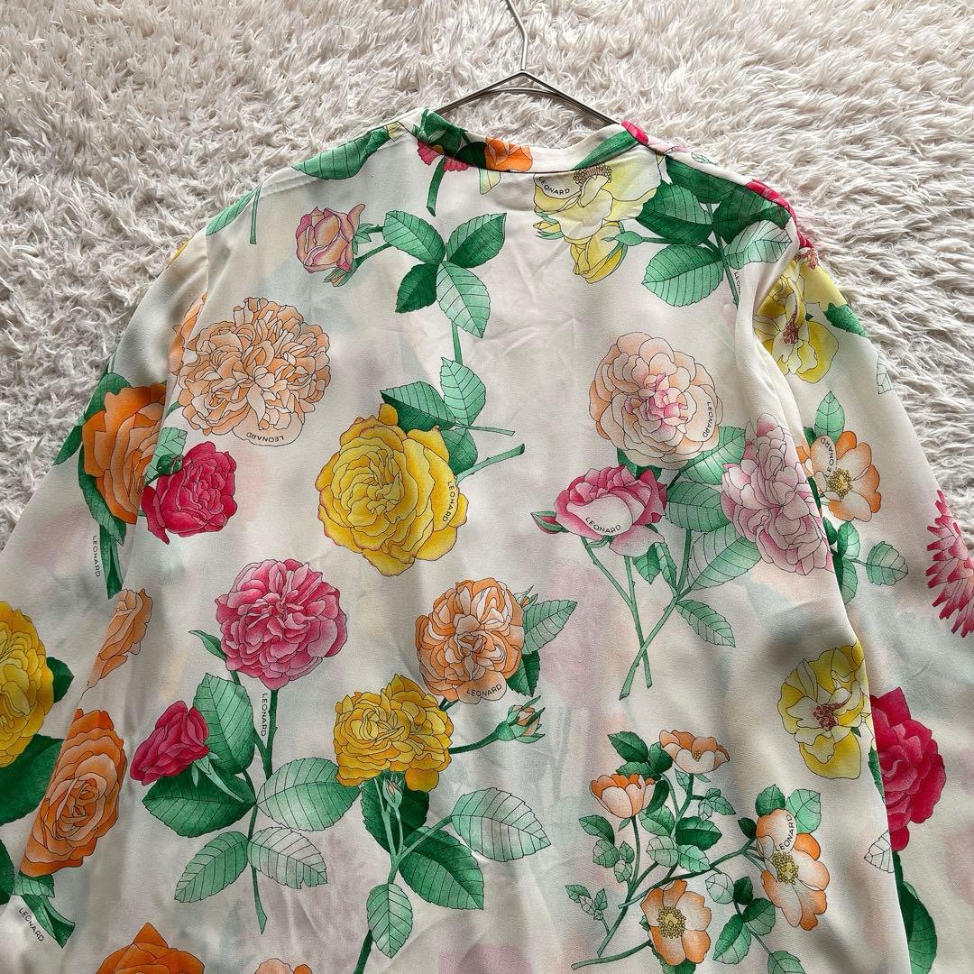 レオナール カーディガン はおり 総柄 花柄 トリム マルチカラー シルク M