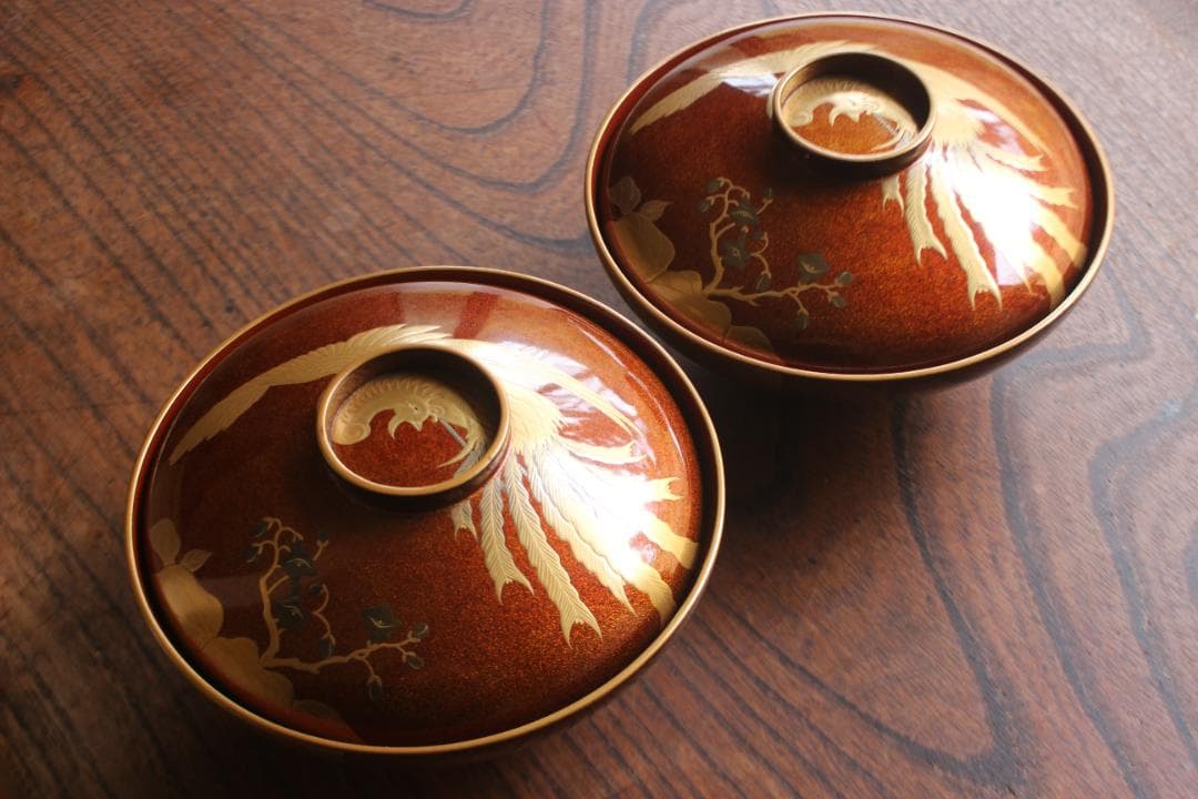 デッドストック！極上内朱梨地に優美な鳳凰蒔絵の映えるお椀2点（検輪島塗雑煮椀