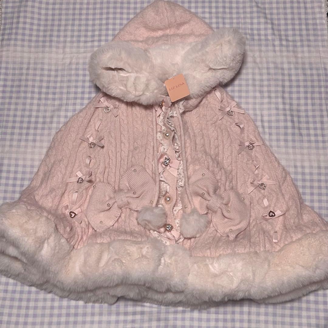 リズリサ lizlisa ポンポンリボンニットファーポンチョ ピンク 2024
